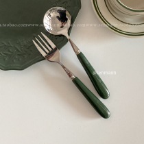 Retro ceramic thick handle stainless steel round head dessert spoon cake fork fruit fork Morandi color