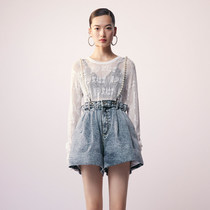 Uoyaa Uya 2021 summer new vintage pearl chain strap wash denim shorts