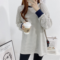 Increased code for pregnant women T-shirts spring autumn long sleeves bottom blouses pure cotton 100 lap striped sweatshirt loose breast-feeding
