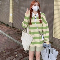 2021 early autumn Japanese sweet female students loose Korean hipster academic style round neck striped long sleeve polo shirt