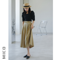 Khaki lace-up design niche high-waisted skirt Womens summer mid-length A-line skirt vintage skirt long skirt