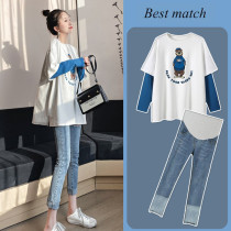 Pregnant women autumn set cartoon long sleeve cotton two-piece loose casual Korean short T-shirt shirt jeans