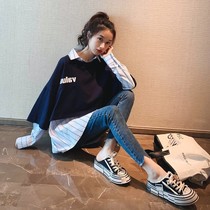 Pregnant women autumn coat new large size fashion wild long sleeve Korean striped shirt loose short sweater two-piece set