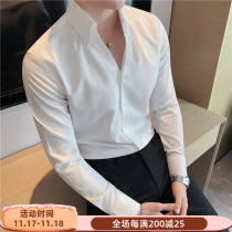 Autumn new mens long sleeve shirt design sense high grade solid color v collar handsome Korean trend slim white shirt