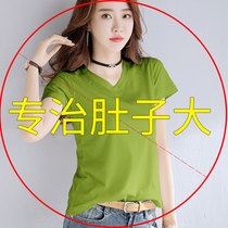 Big Code Woman Dress Fat Sister T-Shirt Loose Pure Cotton Big Code Fat Mm Summer Lady Covered Belly Meat slim short sleeve V collar blouse