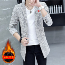 Hairy trench coat mens long Korean version of slim suit collar woolen coat autumn and winter single West thick mens coat