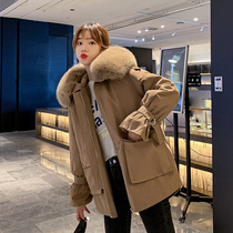 Pregnant womens winter cotton jacket late pregnancy plus velvet padded Korean loose cotton coat lamb wool coat long