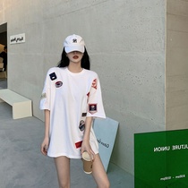 2021 summer cotton white T-shirt womens short sleeve loose Korean version of ins letters under the missing chic coat sweater