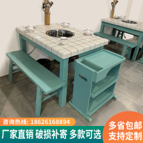 Marble string hotpot table induction cooker integrated smoke-free solid wood market hot pot restaurant round table and chair combination commercial