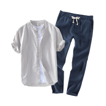 Mens short sleeve T-shirt Summer suit Chinese wind cotton linen Mens 2022 new matching set of handsome linen summer clothing