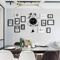 Living room photo wall solid wood wall clock frame wall with clock creative hanging wall sofa background wall photo wall