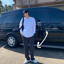 Pants mens spring and autumn straight loose wide leg striped pants long pants Korean trend drawstring casual suit pants