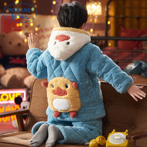 Childrens pajamas winter thickened three-layer cotton-padded jacket boy flannel home clothing boy coral velvet home clothing