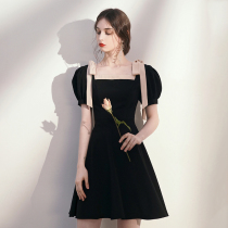 Fan-style small gown 2022 new normal can wear banquets black square collar short birthday party Lionette nepotism