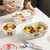 Ceramic split lunch box microwave heating with lid office workers cute cartoon students bento box sealed fresh Bowl