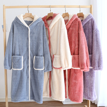 Japanese coral velvet nightgown women autumn and winter thick large size pregnant womens robes long hooded pajamas bathrobe wear