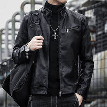 Leather men leather 2021 new spring and autumn Korean trend motorcycle leather jacket plus velvet men casual coat wt