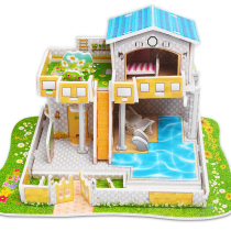 Assembled small children wooden drawings sophomore paper Children 3d Cubism Puzzle Toy Fixed House