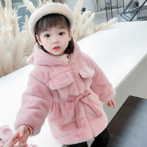 Girl autumn lamb hair cardigan coat 2021 new autumn winter Korean female baby solid color hooded wool cotton coat