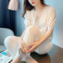 Home-out door to wear all the time easy-to-go French style sexy lace pyjamas woman pure cotton short sleeve suit