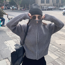 Turtleneck sweater jacket women autumn and winter design sense niche wear top gray zipper short knitted cardigan winter