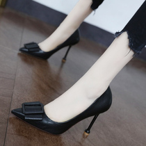 Hong Kong square button pointed high heels girl Joker shallow heel work shoes new autumn high heel single shoes