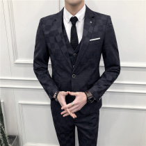  Plaid blazer mens Korean slim-fit casual suit three-piece groom wedding dress formal handsome trend