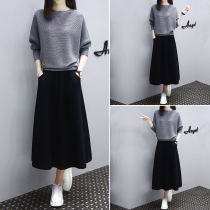 Autumn 2022 new womens long-sleeved dress casual temperament loose thin knit two-piece skirt set