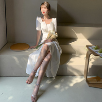 French small evening dress skirt can usually be worn in summer white satin host female daily card dress banquet