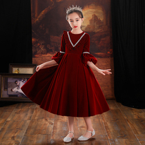 Girls dress wine red childrens birthday princess dress host piano performance evening dress high-end foreign atmosphere autumn and winter