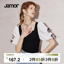 Jamor short sleeve blouses woman 2022 spring and summer new collision color splicing short blouses blouses blouse sweatshirt sweetness