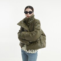 CMORE2021 winter New products dark green 90 white goose down short asymmetric green leather down jacket bread Jacket Women