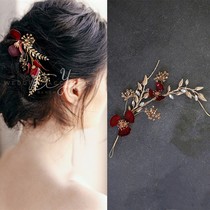 Mori tassel New Bride wedding Red Flower Vine gold leaf hair accessories Chinese toast dress accessories
