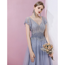 High-end evening dress 2021 new summer banquet temperament socialite birthday noble heavy industry deep v host dress female