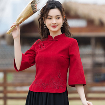 Republic Retro Womens Clothing Chinese Style Dish Buttons Red Blouse Tea Suit Big Code Qipao Chinese Wind Improved Hanfu Two Sets