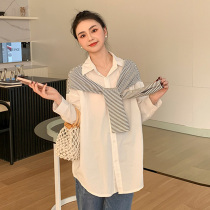 Touch Misspregnancy Dress Spring New Pure Color Casual Turnstile Striped Cape loose Conspicuated Long Sleeve Shirt