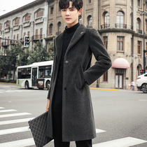 2021 New woolen coat men long Korean slim mens windbreaker autumn winter woolen coat thick cotton