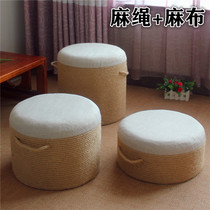 Hemp rope futon sitting hand-made linen sitting stool round stool low stool Pier solid wood frame stool living room seat