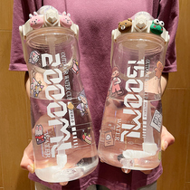Sports kettle large capacity with straw cup girls cute summer season 2000ml portable plastic cup men