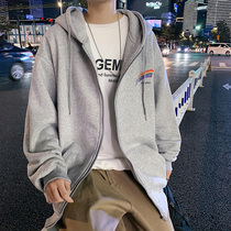 Rainbow print sweater mens spring and autumn loose wild cardigan top Tide brand solid color Korean version hooded sports jacket