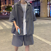 Short-sleeved suit Mens summer thin ruffian handsome sports port wind set with casual loose small blazer