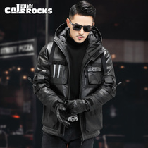 Winter new leather leather jacket mens head layer cowhide casual assault jacket hooded function wind down jacket medium and long coat