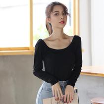 Autumn and winter New low collar base shirt Women black cotton double U collar long sleeve T-shirt tight body collar slim top