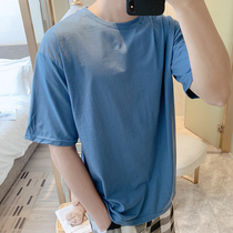 Summer mens cotton pajamas short-sleeved tops solid color simple T-shirts can be worn outside the couples loose casual home