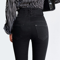 Black jeans women high waist slim high tight fitting 2021 Winter New Slim Plus velvet padded small trousers