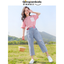 Girls Summer Suite 2022 New CUHK Childrens dress Ocean Fashionable Girl Thin short sleeves casual Two sets