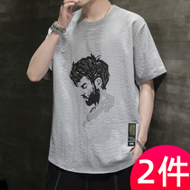 Short-sleeved T-shirt mens summer 2021 new fashion brand ins loose ice silk t-shirt half sleeve cotton and linen summer clothes