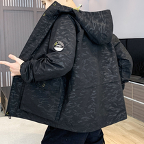 Tide brand camouflage trench coat mens spring and autumn hooded casual loose large size coat Hong Kong style handsome thin coat
