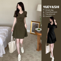 Large-yard womens summer dress with a complete set of fat MM French Hepburn wind design sensing waist and thin-shaded dress