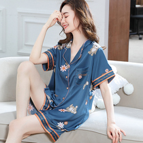 Pajamas women 2021 new summer ice silk short-sleeved shorts cute large size summer thin section simulation silk homewear